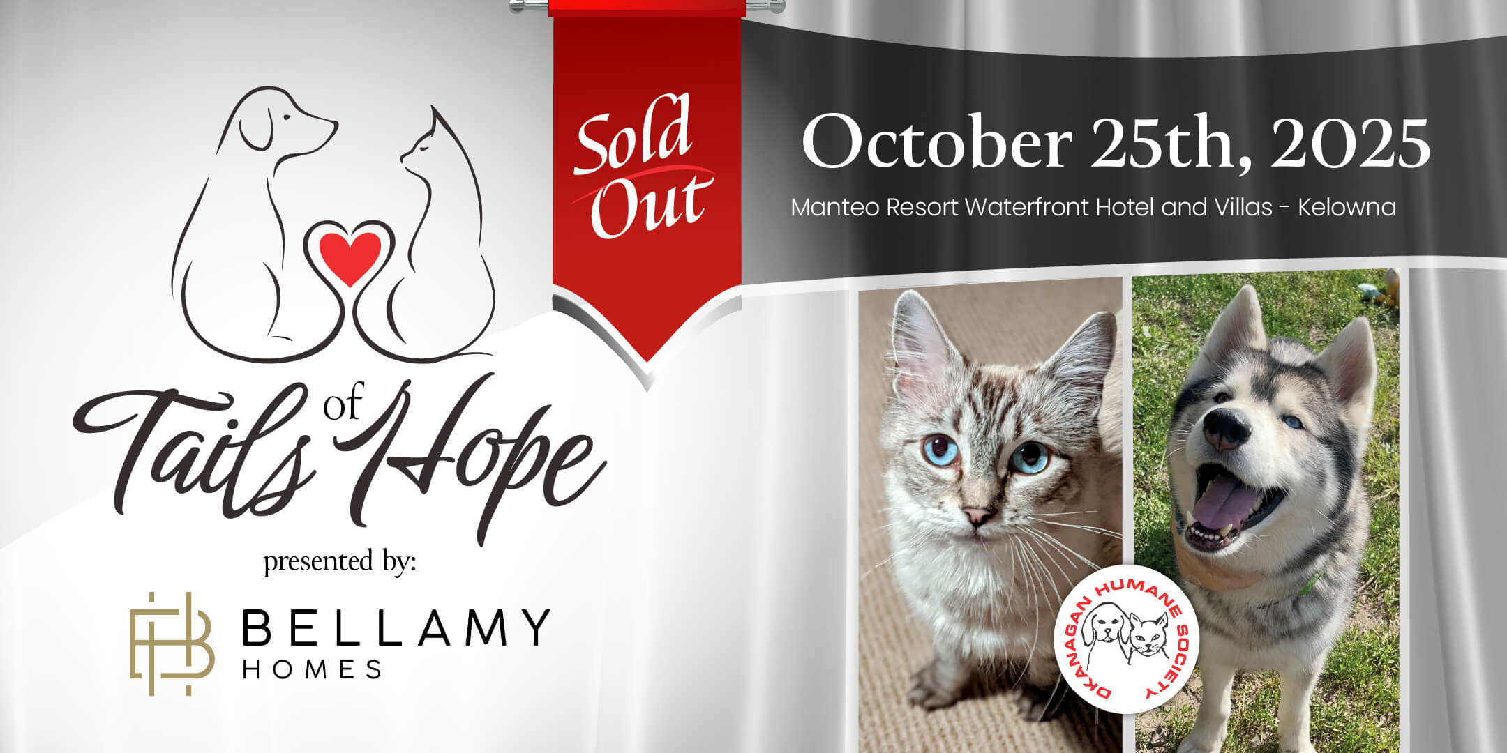 Tails of Hope Web Banner Featuring a Dog and a Cat and the mention that the Kelowna event is now SOLD OUT